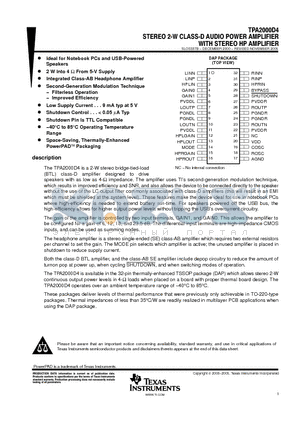 TPA2000D4DAPR datasheet - STEREO 2-W CLASS-D AUDIO POWER AMPLIFIER WITH STEREO HP AMPLIFIER