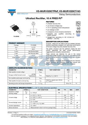 VS-MUR1020CTPBF datasheet - Ultrafast Rectifier, 10 A FRED Pt^