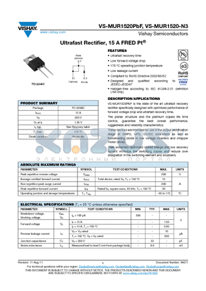 VS-MUR1520-N3 datasheet - Ultrafast Rectifier, 15 A FRED Pt^