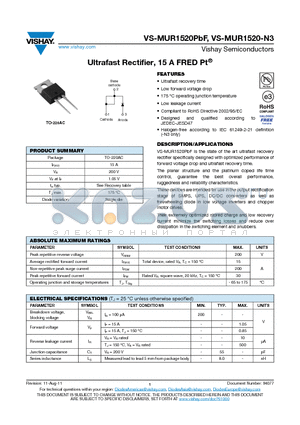 VS-MUR1520PBF datasheet - Ultrafast Rectifier, 15 A FRED Pt^