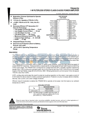 TPA2001D2 datasheet - 1-W FILTERLESS STEREO CLASS-D AUDIO POWER AMPLIFIER