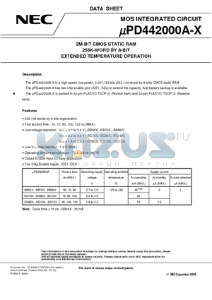 UPD442000AGU-BC85X-9KH datasheet - 2M-BIT CMOS STATIC RAM 256K-WORD BY 8-BIT EXTENDED TEMPERATURE OPERATION