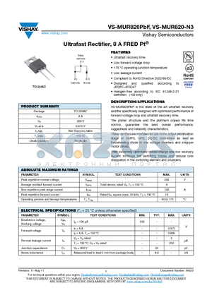 VS-MUR820PBF datasheet - Ultrafast Rectifier, 8 A FRED Pt^