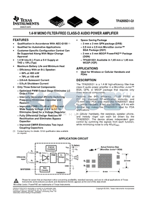 TPA2005D1-Q1 datasheet - 1.4-W MONO FILTER-FREE CLASS-D AUDIO POWER AMPLIFIER