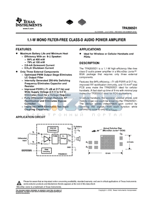 TPA2005D1GQYR datasheet - 1.1 W MONO FILTER FREE CLASS D AUDIO POWER AMPLIFIER