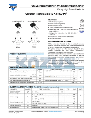 VS-MURB2020CTTRLP datasheet - Ultrafast Rectifier, 2 x 10 A FRED Pt