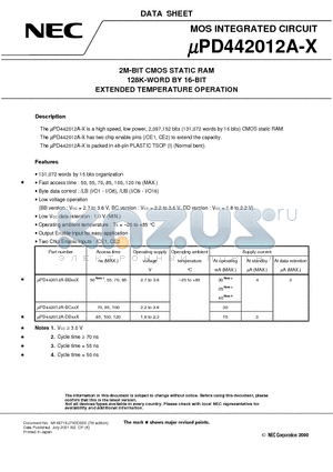 UPD442012AGY-BB85X-MJH datasheet - 2M-BIT CMOS STATIC RAM 128K-WORD BY 16-BIT EXTENDED TEMPERATURE OPERATION