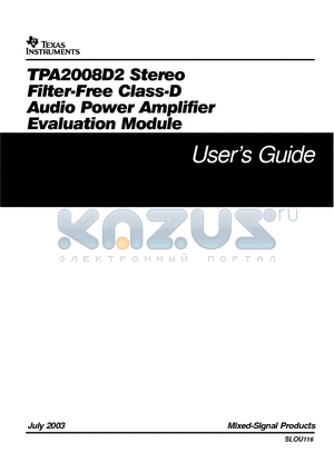 TPA2008D2 datasheet - FILTER-FREE CLASS-D AUDIO POWER AMPLIFIER EVALUATION MODULE