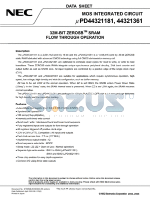 UPD44321181 datasheet - 32M-BIT ZEROSB SRAM FLOW THROUGH OPERATION