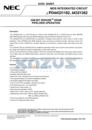UPD44321182 datasheet - 32M-BIT ZEROSB SRAM PIPELINED OPERATIO