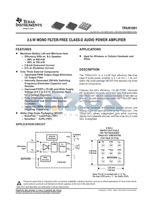 TPA2010D1 datasheet - 2.5-W MONO FILTER-FREE CLASS-D AUDIO POWER AMPLIFIER