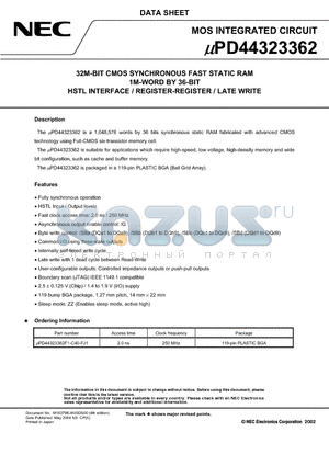 UPD44323362 datasheet - 32M-BIT CMOS SYNCHRONOUS FAST STATIC RAM 1M-WORD BY 36-BIT HSTL INTERFACE / REGISTER-REGISTER / LATE WRITE