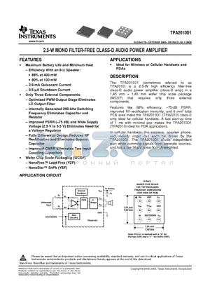 TPA2010D1YEF datasheet - 2.5-W MONO FILTER-FREE CLASS-D AUDIO POWER AMPLIFIER