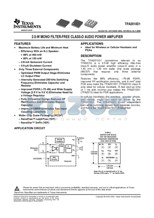 TPA2010D1YZF datasheet - 2.5-W MONO FILTER-FREE CLASS-D AUDIO POWER AMPLIFIER
