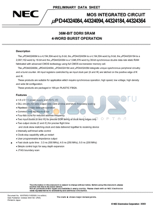 UPD44324084 datasheet - 36M-BIT DDRII SRAM 4-WORD BURST OPERAT