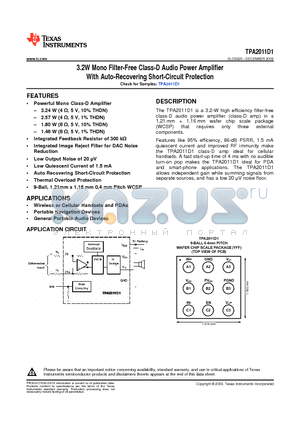 TPA2011D1YFFT datasheet - 3.2W Mono Filter-Free Class-D Audio Power Amplifier With Auto-Recovering Short-Circuit Protection