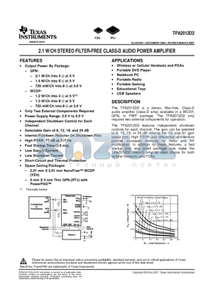 TPA2012D2RTJ datasheet - 2.1 W/CH STEREO FILTER-FREE CLASS-D AUDIO POWER AMPLIFIER