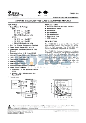 TPA2012D2RTJRG4 datasheet - 2.1 W/CH STEREO FILTER-FREE CLASS-D AUDIO POWER AMPLIFIER