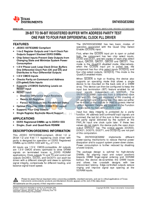 SN74SSQE32882ZALR datasheet - 28-BIT TO 56-BIT REGISTERED BUFFER WITH ADDRESS PARITY TEST ONE PAIR TO FOUR PAIR DIFFERENTIAL CLOCK PLL DRIVER