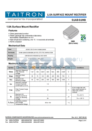 S1GB datasheet - 1.0A SURFACE MOUNT RECTIFIER