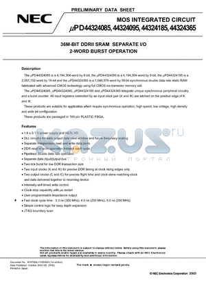 UPD44324095F5-E33-EQ2 datasheet - 36M-BIT DDRII SRAM SEPARATE I/O 2-WORD BURST OPERATION