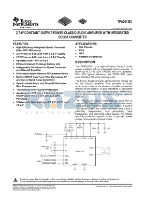 TPA2013D1RGPR datasheet - 2.7-W CONSTANT OUTPUT POWER CLASS-D AUDIO AMPLIFIER WITH INTEGRATED BOOST CONVERTER