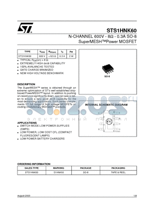 S1HNK60 datasheet - N-CHANNEL 600V - 8W - 0.3A SO-8 SuperMESH-TMPower MOSFET