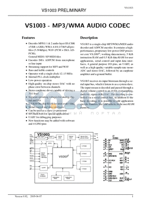 VS1003 datasheet - MP3 / WMA AUDIO CODEC