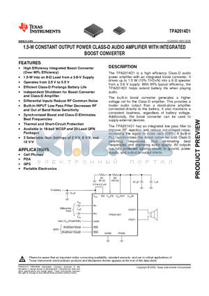 TPA2014D1 datasheet - 1.5-W CONSTANT OUTPUT POWER CLASS-D AUDIO AMPLIFIER WITH INTEGRATED BOOST CONVERTER