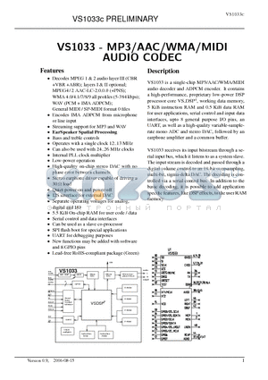 VS1033C datasheet - MP3/AAC/WMA/MIDI AUDIO CODEC