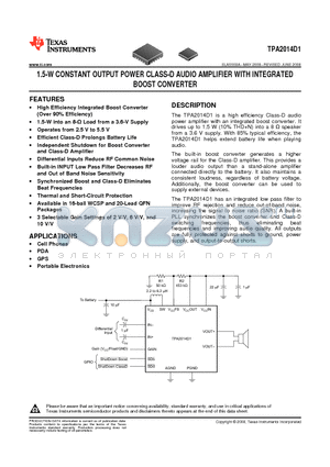 TPA2014D1YZHR datasheet - 1.5-W CONSTANT OUTPUT POWER CLASS-D AUDIO AMPLIFIER WITH INTEGRATED BOOST CONVERTER