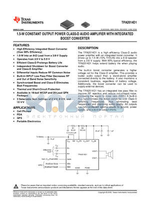 TPA2014D1RGPR datasheet - 1.5-W CONSTANT OUTPUT POWER CLASS-D AUDIO AMPLIFIER WITH INTEGRATED BOOST CONVERTER