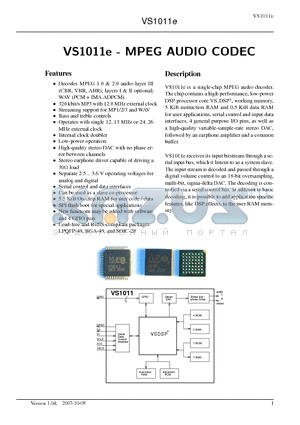 VS1011E datasheet - MPEG AUDIO CODEC