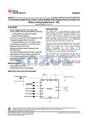 TPA2015D1 datasheet - 2 W Constant Output Power Class-D Audio Amplifier With Adaptive Boost Converter andBattery Tracking SpeakerGuard AGC