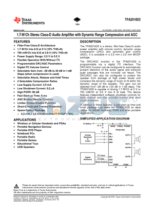 TPA2016D2 datasheet - 1.7-W/Ch Stereo Class-D Audio Amplifier with Dynamic Range Compression and AGC