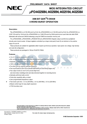 UPD44325084F5-E33-EQ2 datasheet - 36M-BIT QDRII SRAM 4-WORD BURST OPERATION