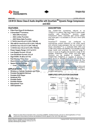 TPA2017D2RTJT datasheet - 2.8-W/Ch Stereo Class-D Audio Amplifier with SmartGainTM Dynamic Range Compression and AGC