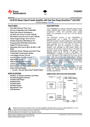 TPA2026D2 datasheet - 3.2-W/Ch Stereo Class-D Audio Amplifier with Fast Gain Ramp SmartGain AGC/DRC
