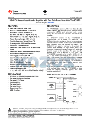 TPA2026D2YZHR datasheet - 3.2-W/Ch Stereo Class-D Audio Amplifier with Fast Gain Ramp SmartGain AGC/DRC