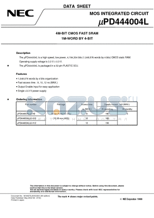 UPD444004LLE-A10 datasheet - 4M-BIT CMOS FAST SRAM 1M-WORD BY 4-BIT