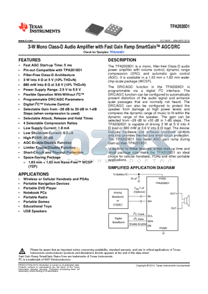TPA2028D1 datasheet - 3-W Mono Class-D Audio Amplifier with Fast Gain Ramp SmartGain AGC/DRC