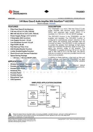 TPA2029D1YZFT datasheet - 3-W Mono Class-D Audio Amplifier With SmartGain AGC/DRC