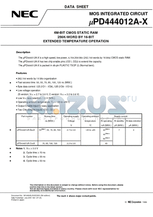 UPD444012AGY-B85X-MJH datasheet - 4M-BIT CMOS STATIC RAM 256K-WORD BY 16-BIT EXTENDED TEMPERATURE OPERATION