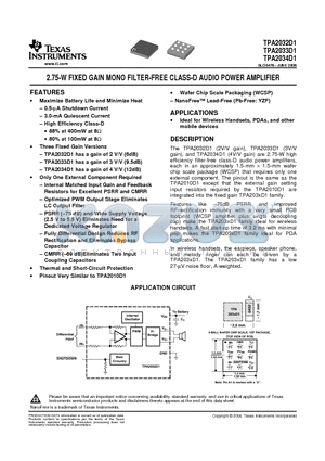 TPA2033D1 datasheet - 2.75-W FIXED GAIN MONO FILTER-FREE CLASS-D AUDIO POWER AMPLIFIER
