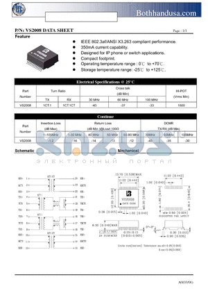 VS2008 datasheet - 10/100 BASE-TX VOICE OVER IP MAGNETICS