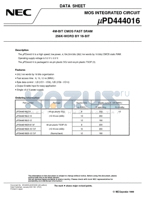 UPD444016G5-10-7JF datasheet - 4M-BIT CMOS FAST SRAM 256K-WORD BY 16-BIT