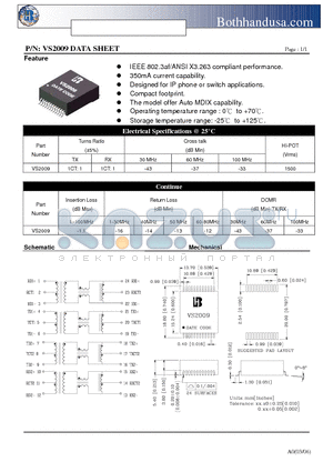 VS2009 datasheet - 10/100 BASE-TX VOICE OVER IP MAGNETICS