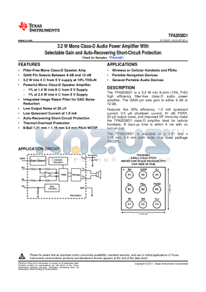 TPA2038D1YFFR datasheet - 3.2 W Mono Class-D Audio Power Amplifier With Selectable Gain and Auto-Recovering Short-Circuit Protection
