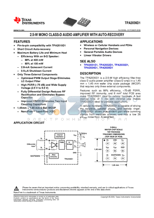 TPA2036D1YZF datasheet - 2.5-W MONO CLASS-D AUDIO AMPLIFIER WITH AUTO-RECOVERY