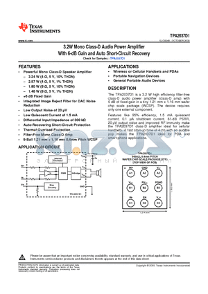 TPA2037D1YFFT datasheet - 3.2W Mono Class-D Audio Power Amplifier With 6-dB Gain and Auto Short-Circuit Recovery